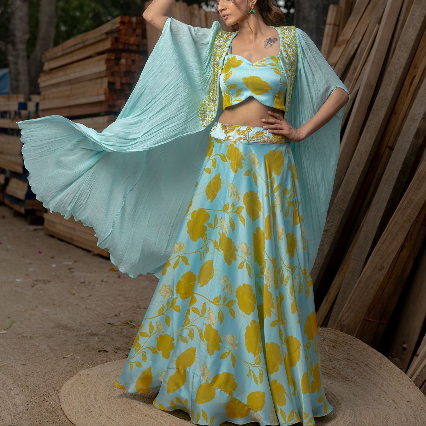 Inari - Aquamarine Lehenga Blouse with Cape Dupatta