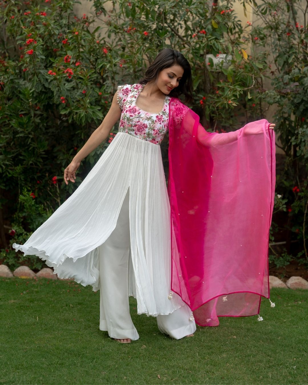 Ayan - Hot Pink Printed Anarkali with Pant Dupatta Set
