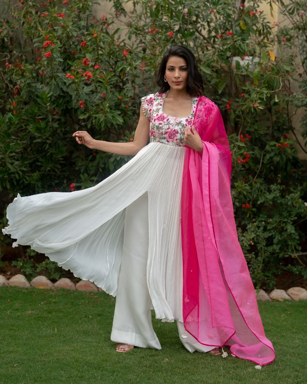 Ayan - Hot Pink Printed Anarkali with Pant Dupatta Set