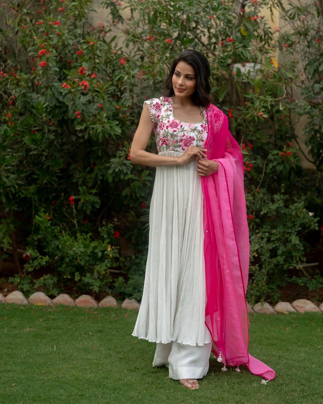 Ayan - Hot Pink Printed Anarkali with Pant Dupatta Set