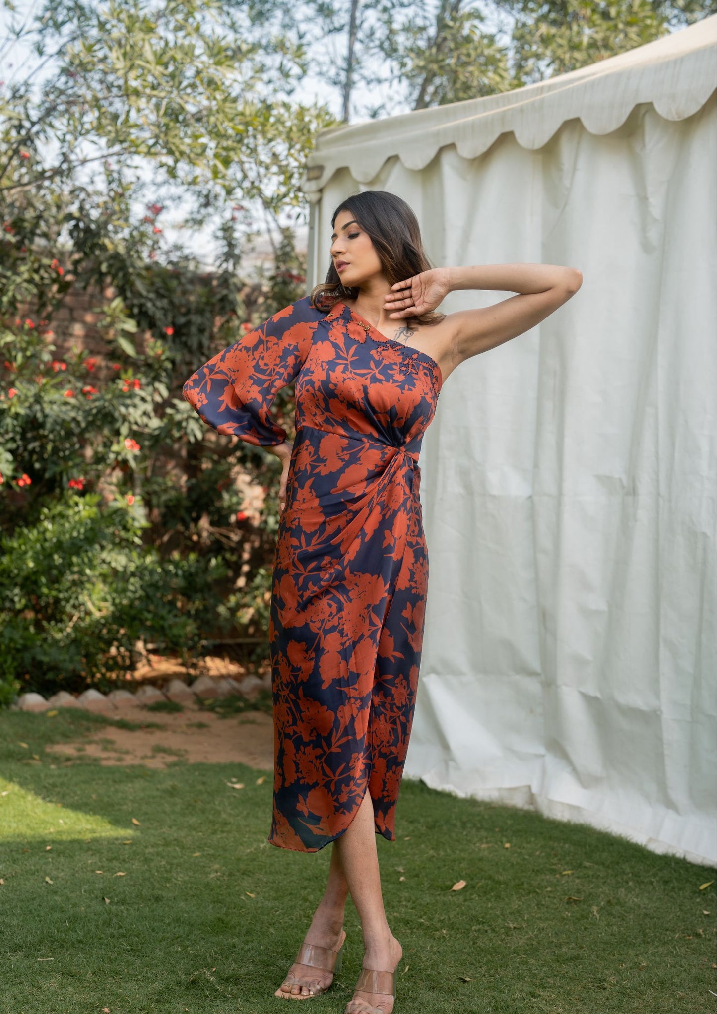 Forget Me Not - Rust and Blue One Shoulder Dress