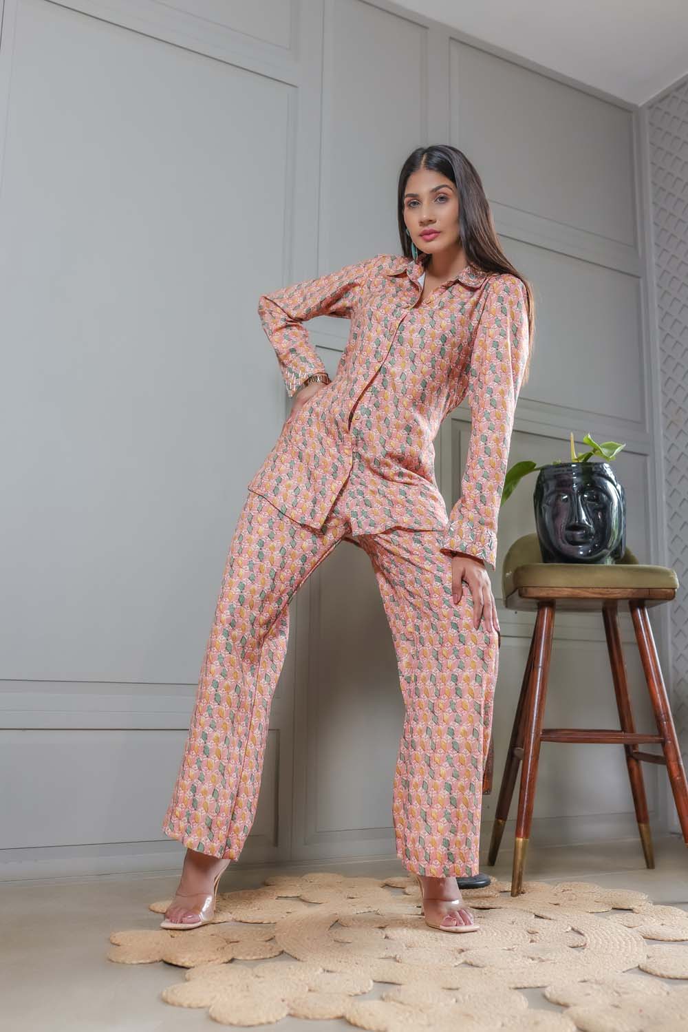 Jasmine - Peach Green Printed Top with Pant Co Ords Set