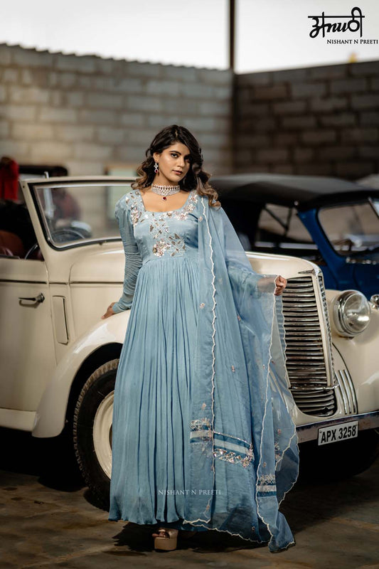 Neh - Steal Blue Organza Anarkali Suit with Dupatta Set