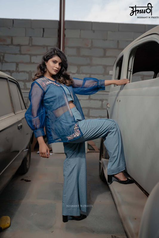 Aflak - Crop Top and Pant Set With Jacket
