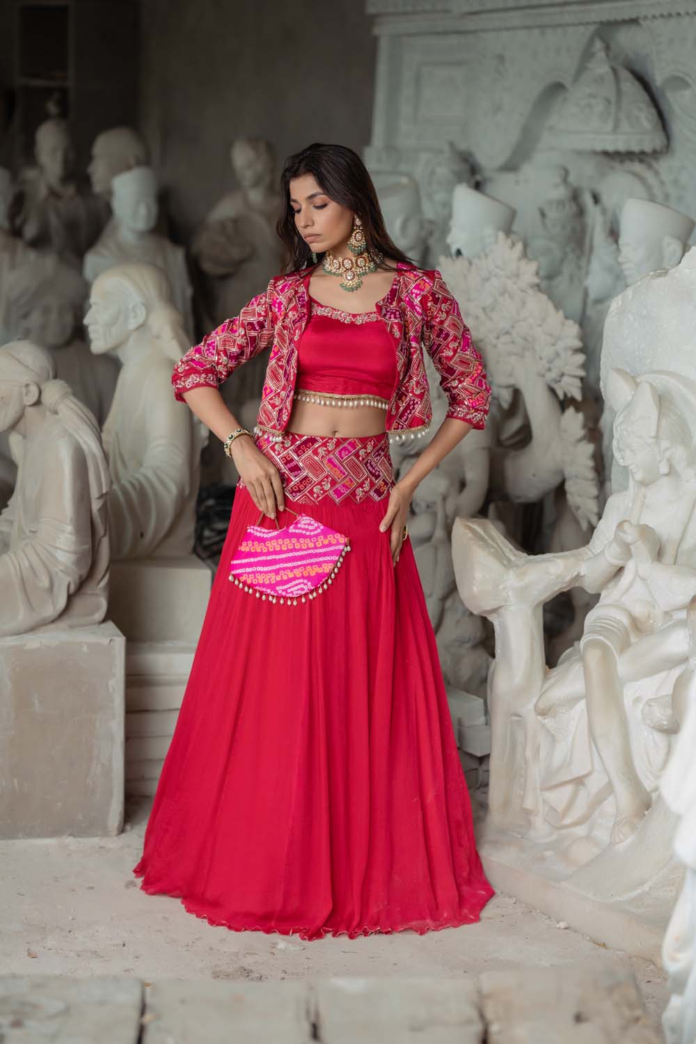 Santhe - Hot Pink Jacket with Bralette and Lehenga Set