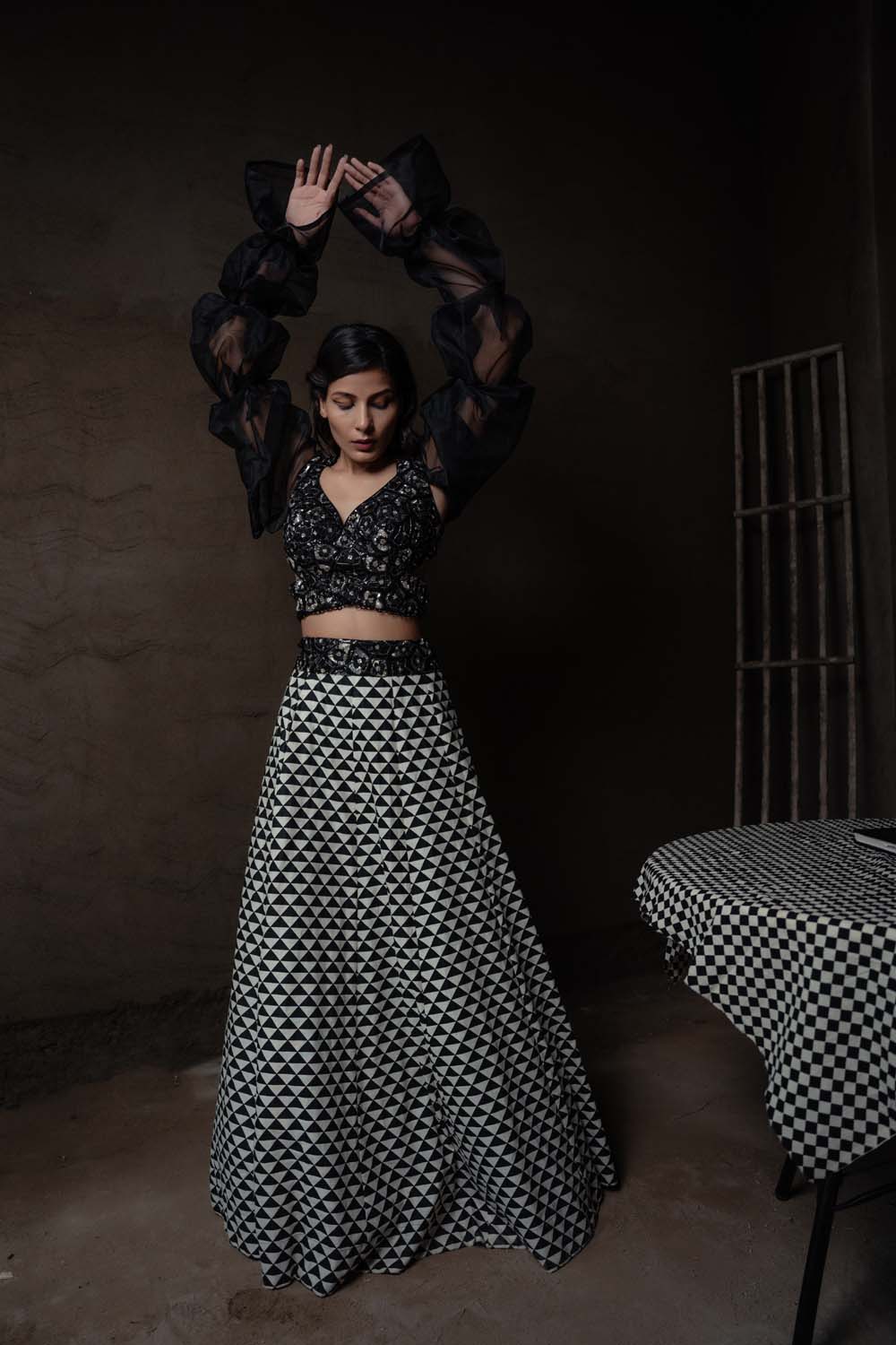 Checkmate - Checked Skirt and Designer Blouse with Dupatta Set