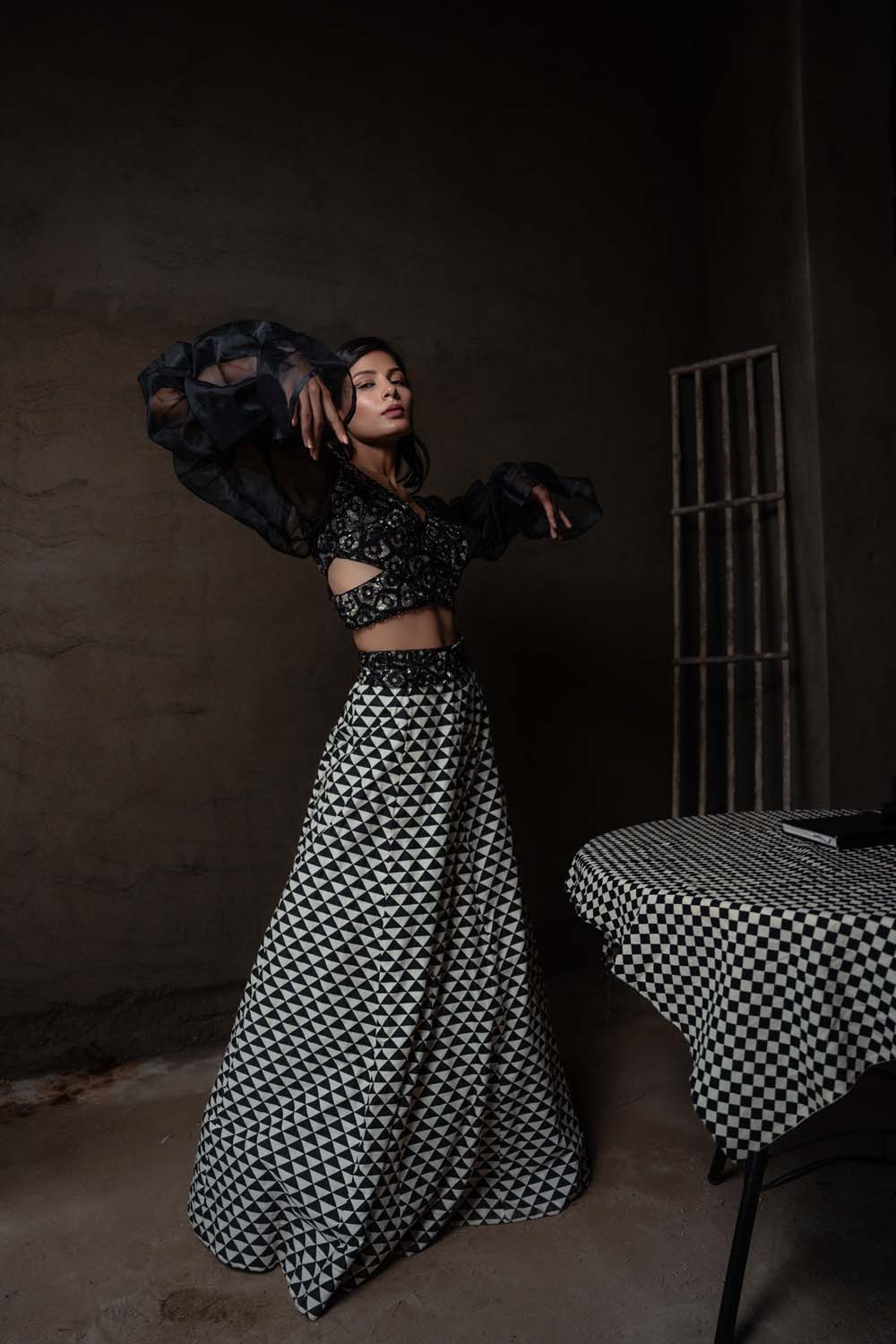 Checkmate - Checked Skirt and Designer Blouse with Dupatta Set