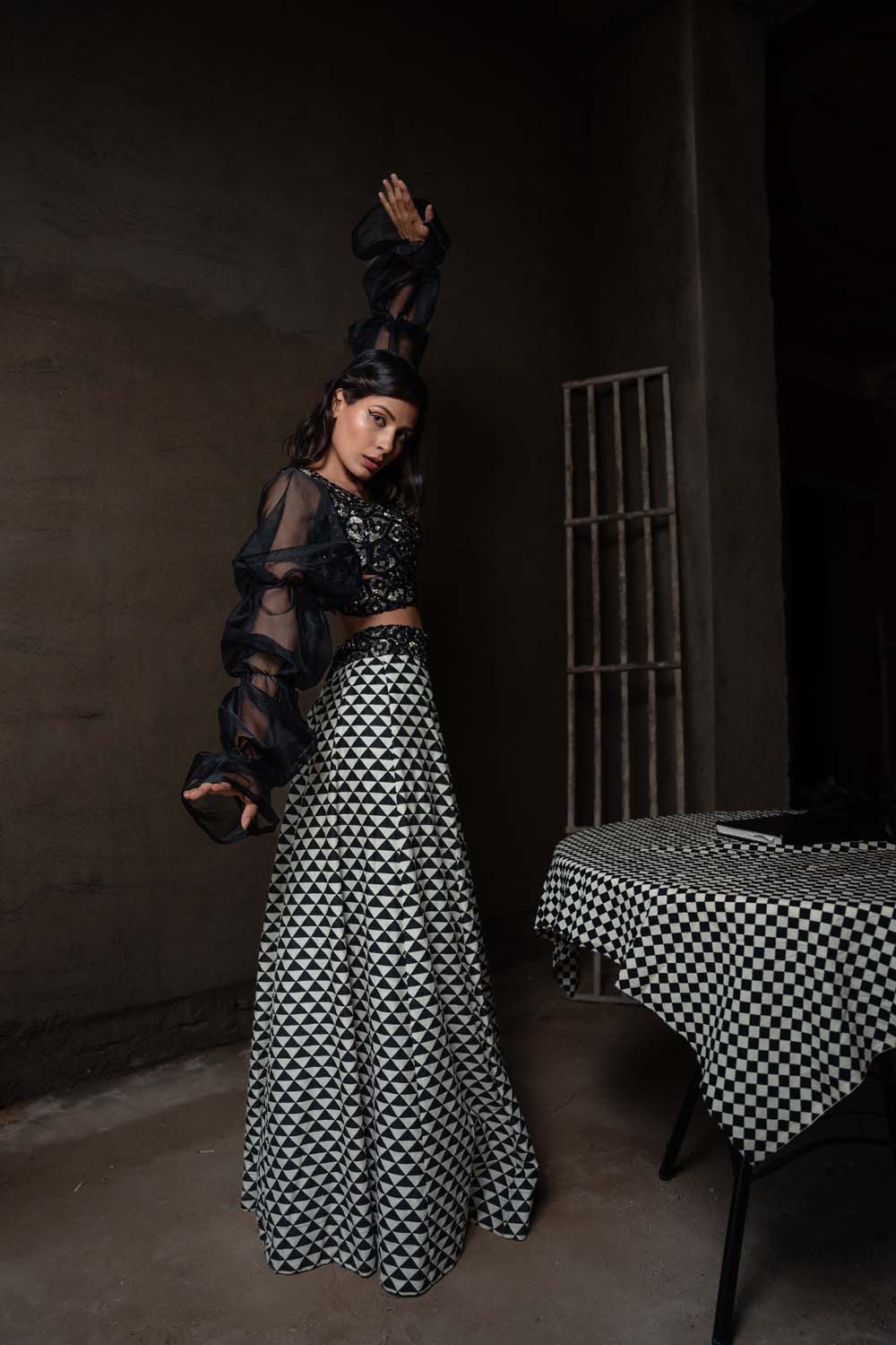 Checkmate - Checked Skirt and Designer Blouse with Dupatta Set