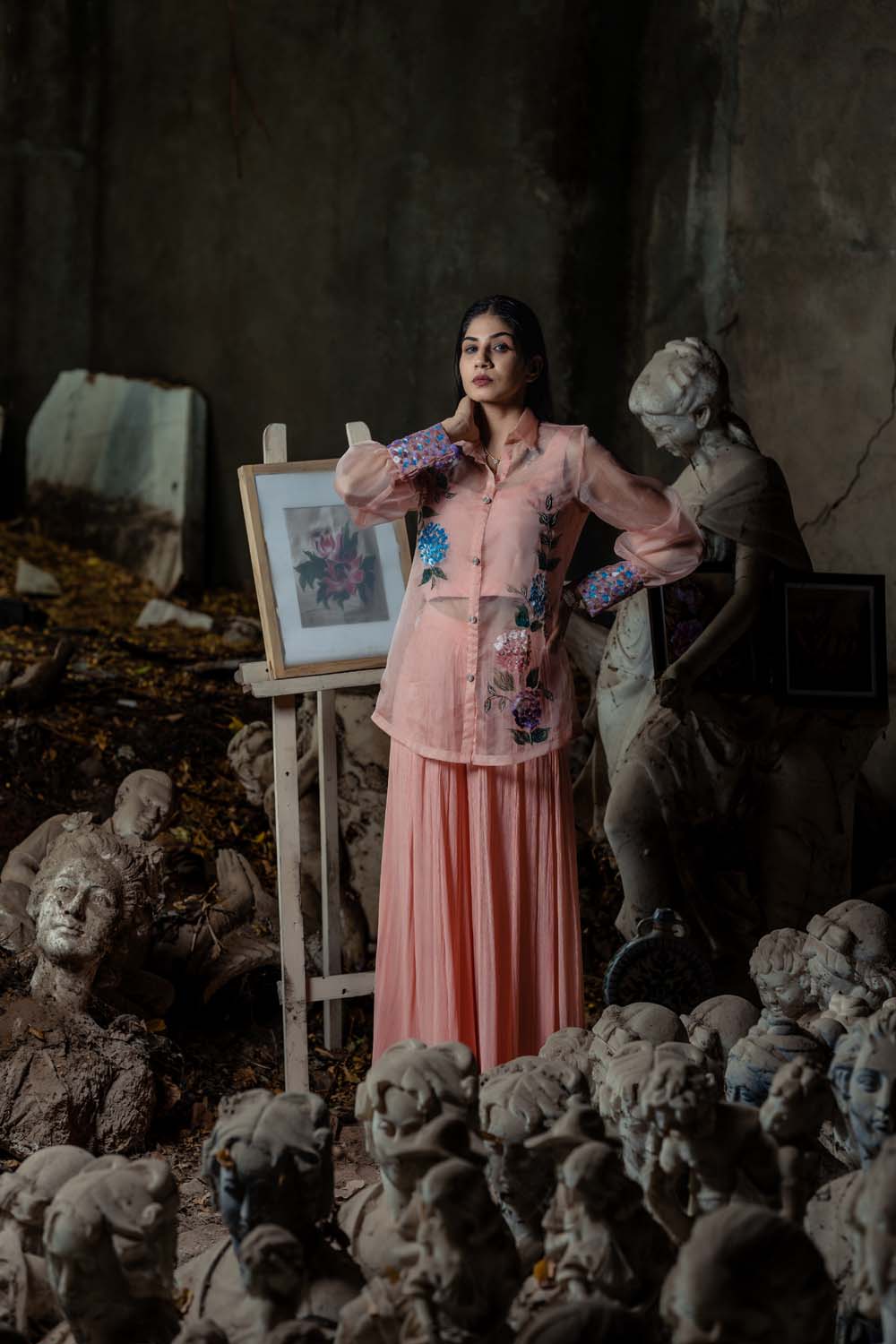 Jasmine Gharara Set - Peach Shirt With Bralette Gharara Set