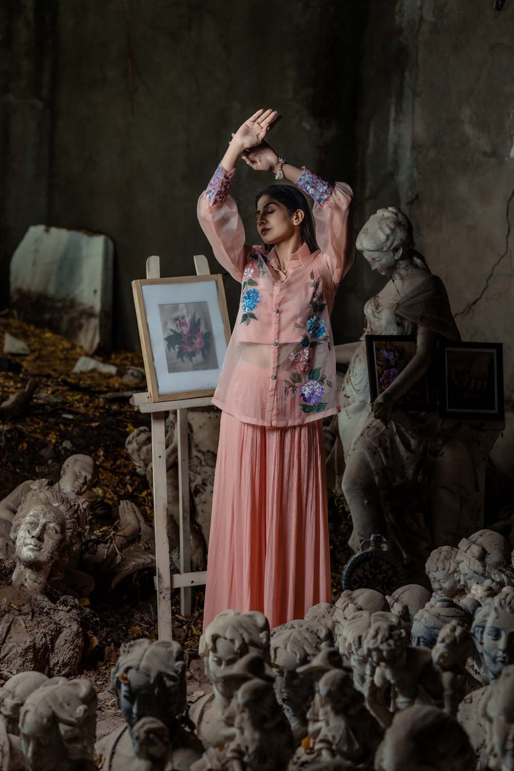 Jasmine Gharara Set - Peach Shirt With Bralette Gharara Set