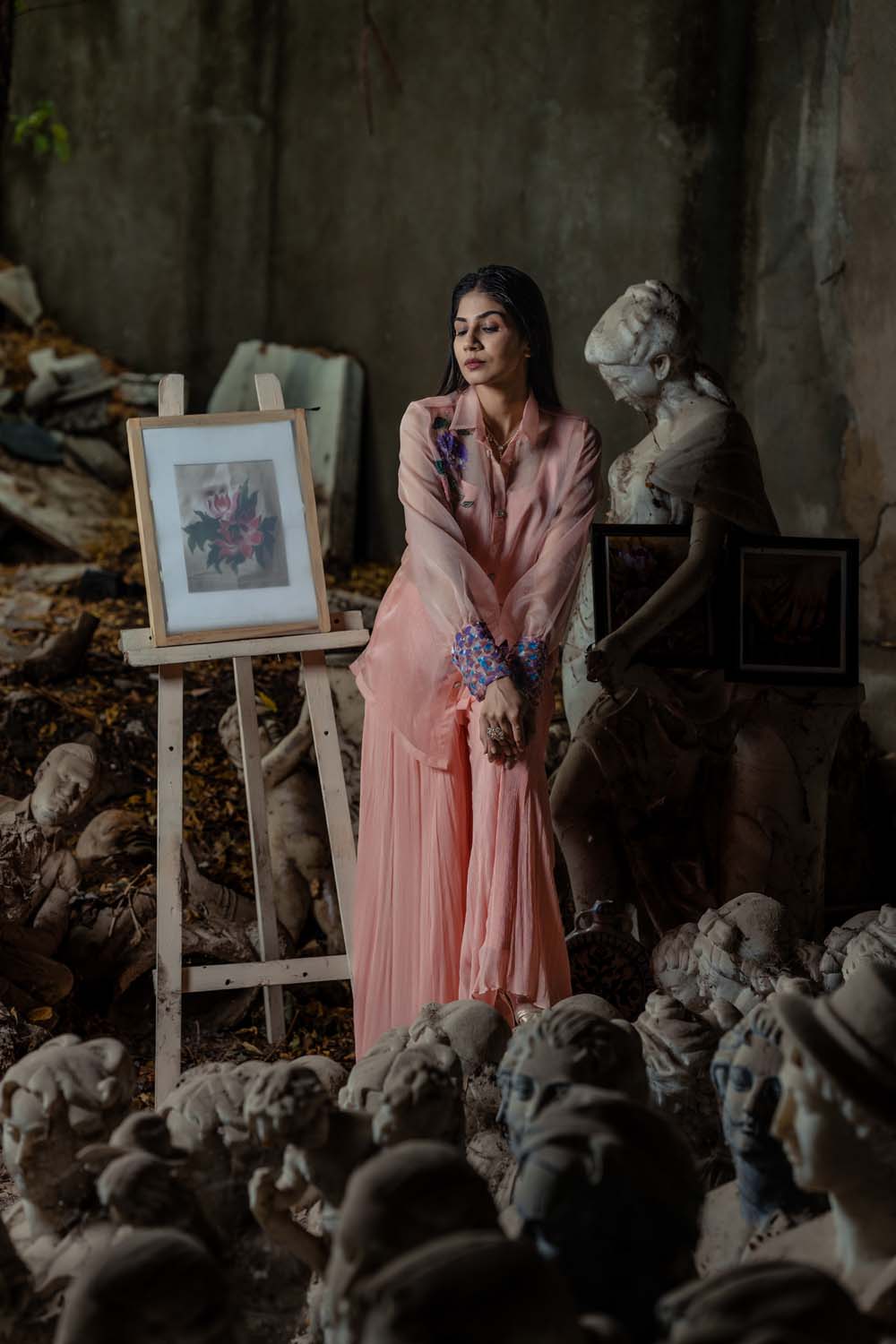 Jasmine Gharara Set - Peach Shirt With Bralette Gharara Set