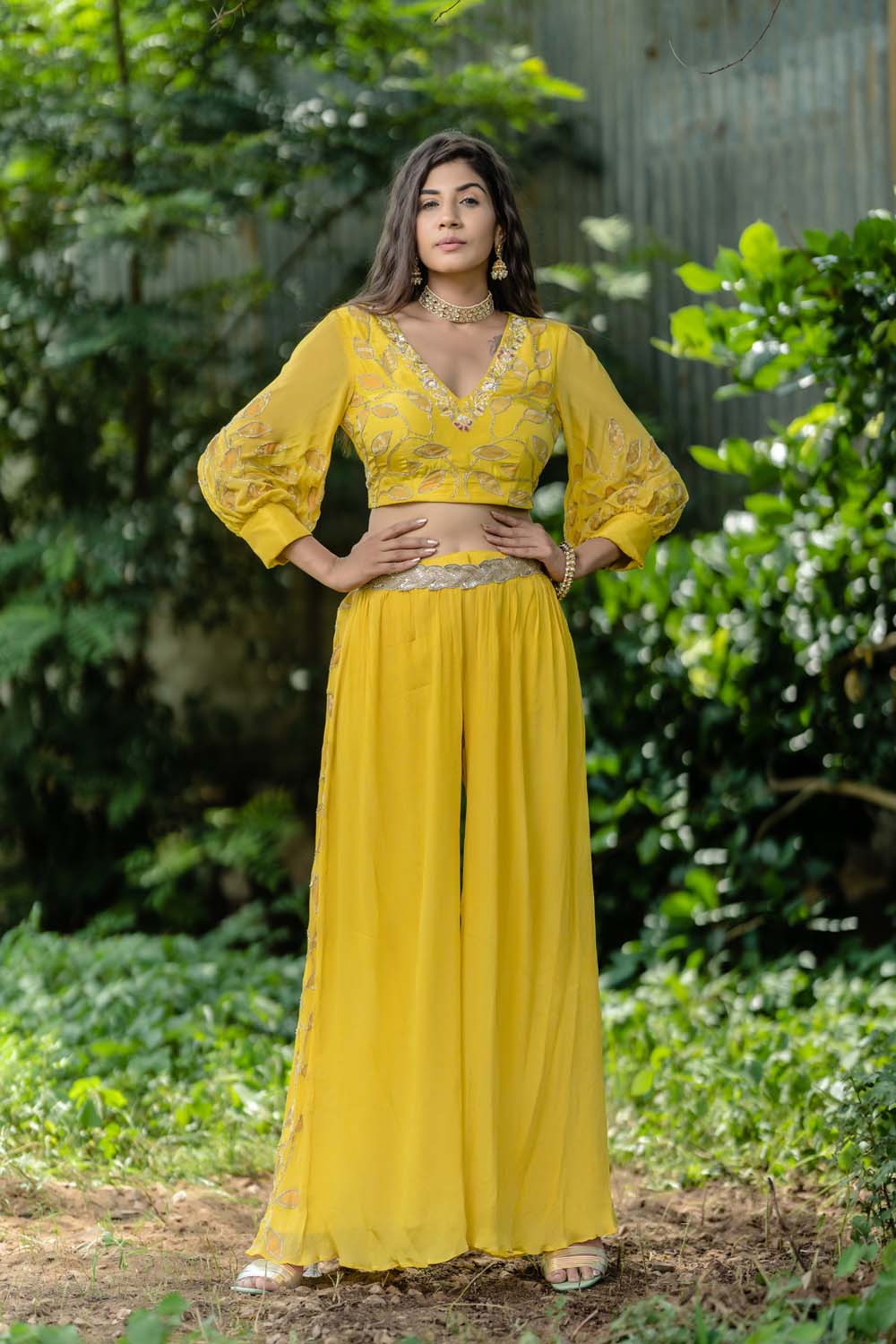 Sunhra - Ochre Yellow Crop Top with Gharara Set