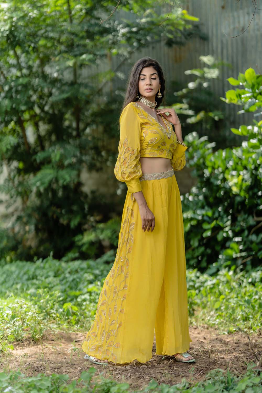 Sunhra - Ochre Yellow Crop Top with Gharara Set