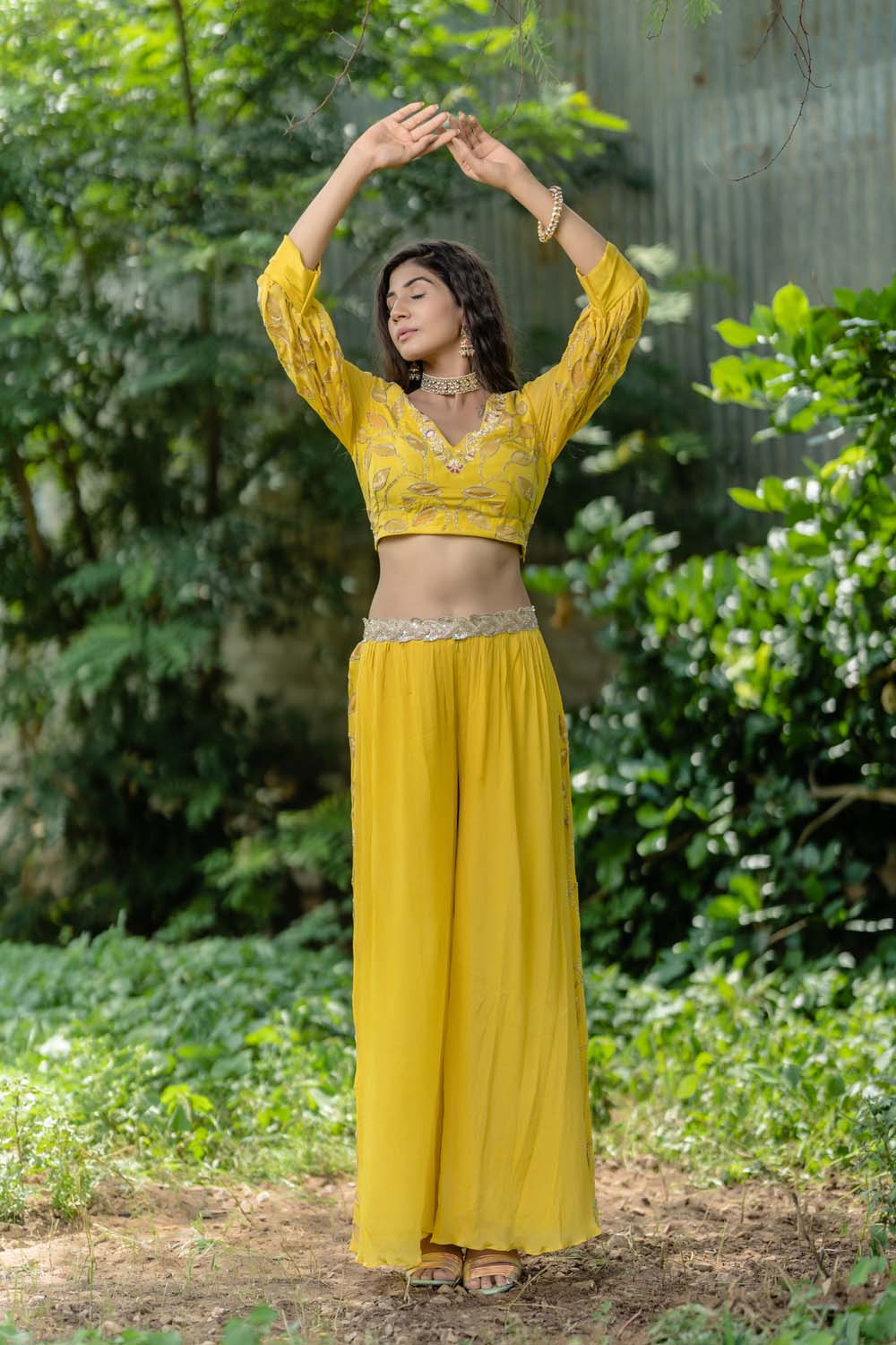Sunhra - Ochre Yellow Crop Top with Gharara Set