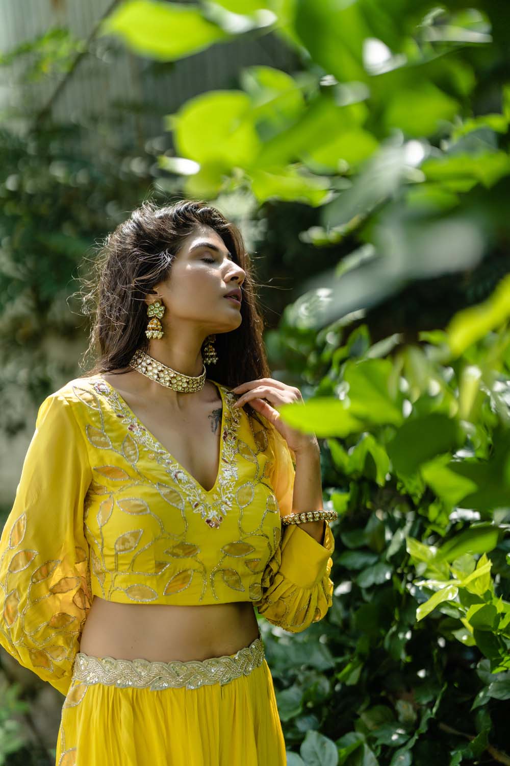 Sunhra - Ochre Yellow Crop Top with Gharara Set