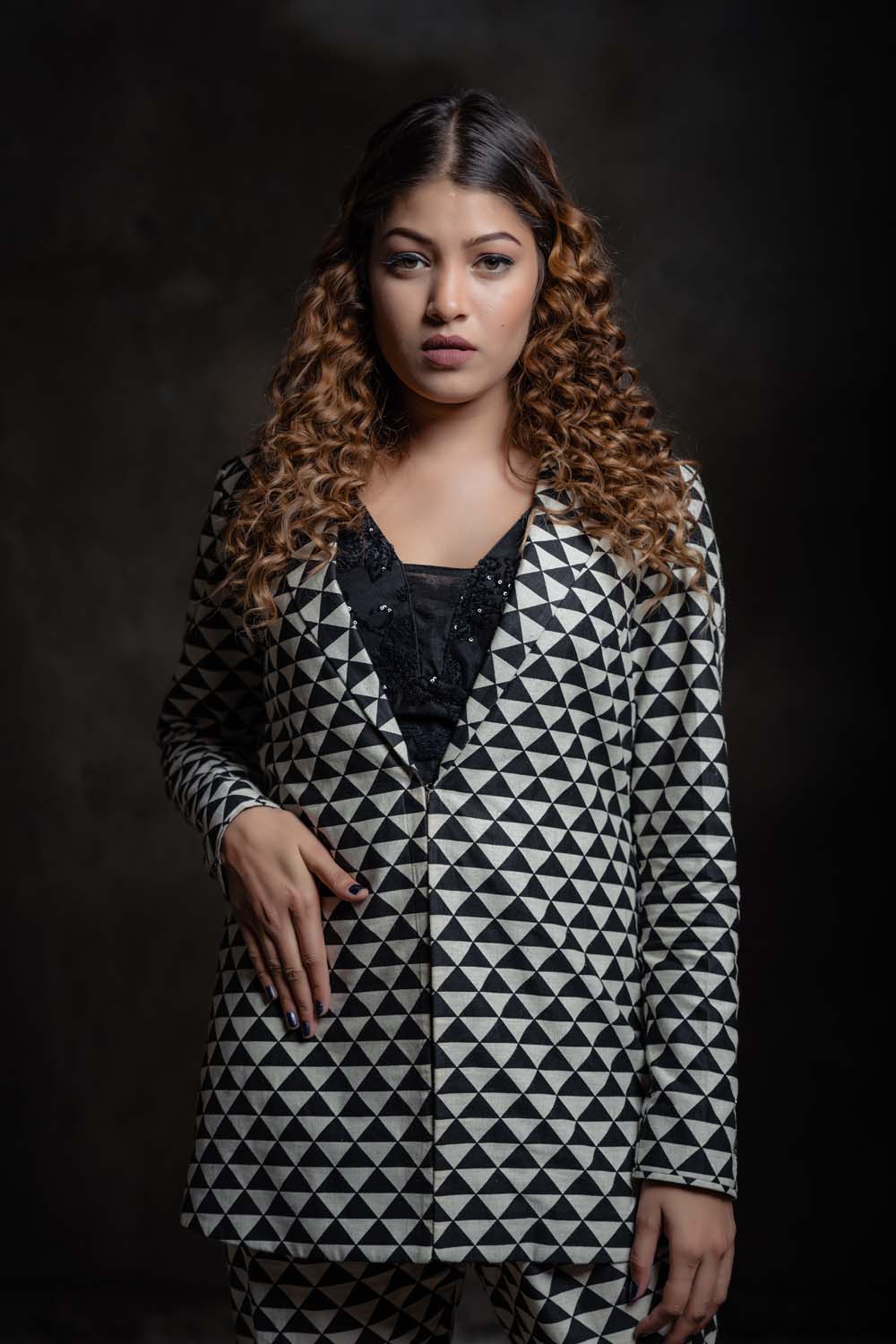 Check Design Blazer With Pants And Bralette Set