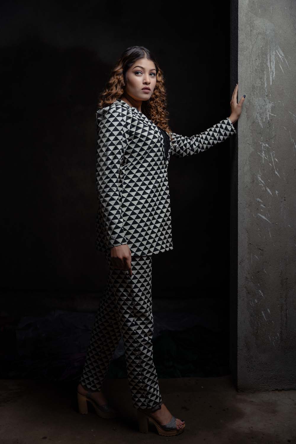 Check Design Blazer With Pants And Bralette Set