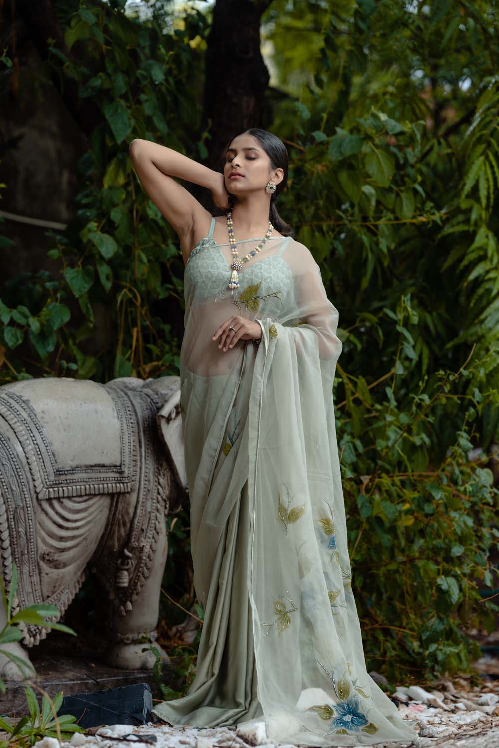 Sage Green Kumundhani Saree with Blouse