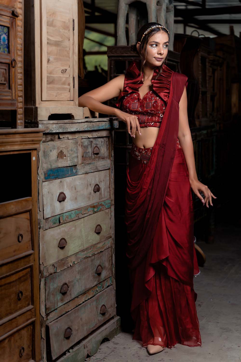 Niyaika - Red Saree with Bralette Blouse