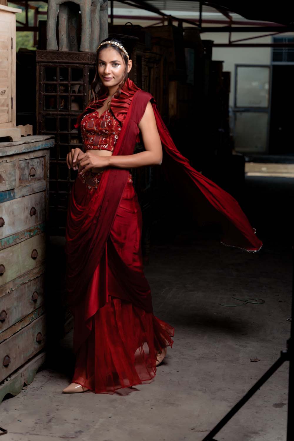 Niyaika - Red Saree with Bralette Blouse