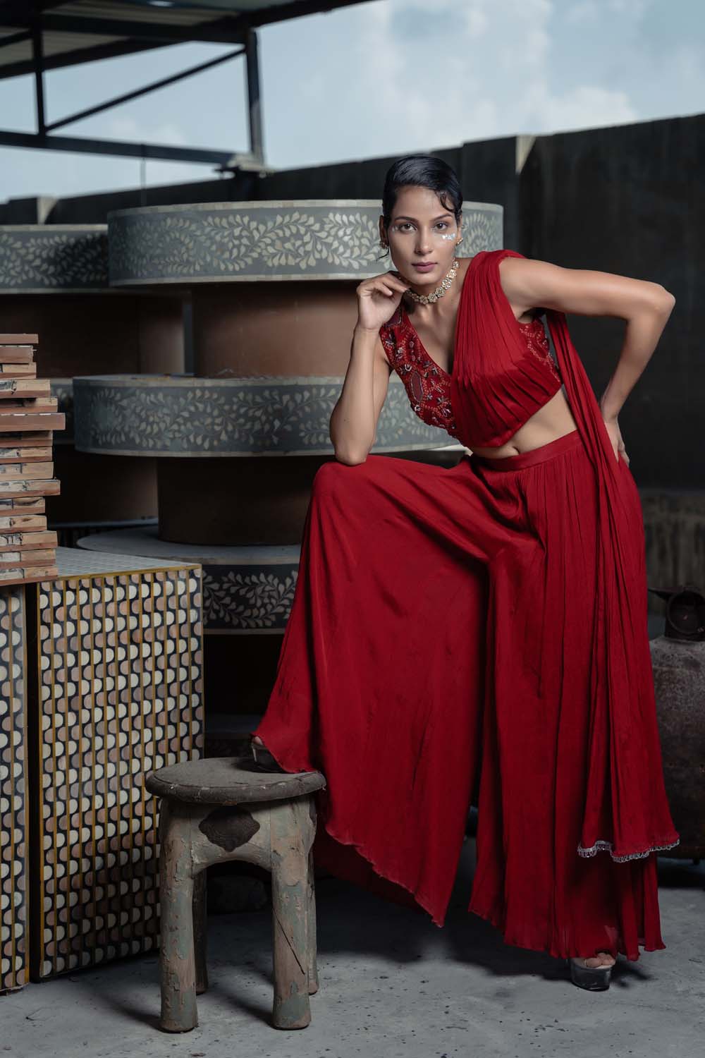 Svasth - Red Stylish Drapped Blouse with Skirt