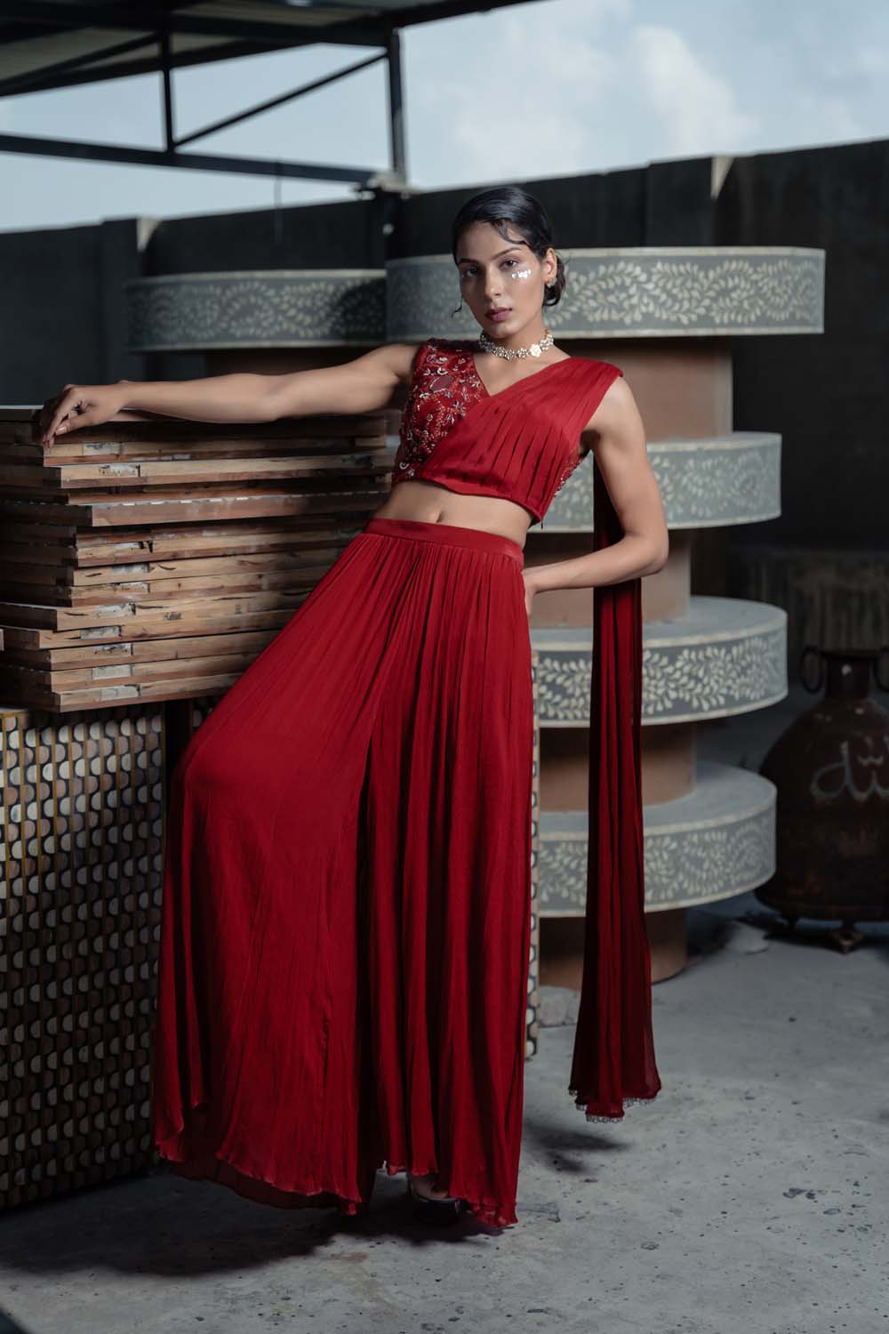 Svasth - Red Stylish Drapped Blouse with Skirt