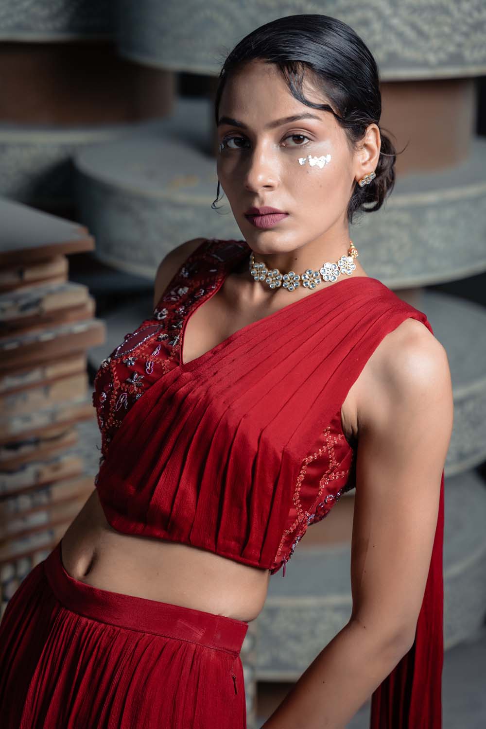 Svasth - Red Stylish Drapped Blouse with Skirt