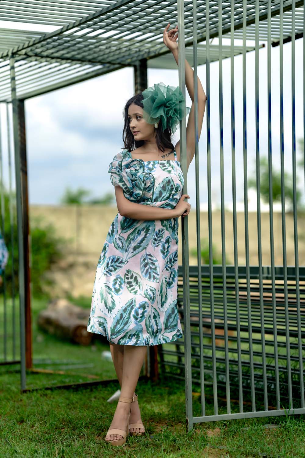Ashleaf - White with Green Leaf Print Dress for Women