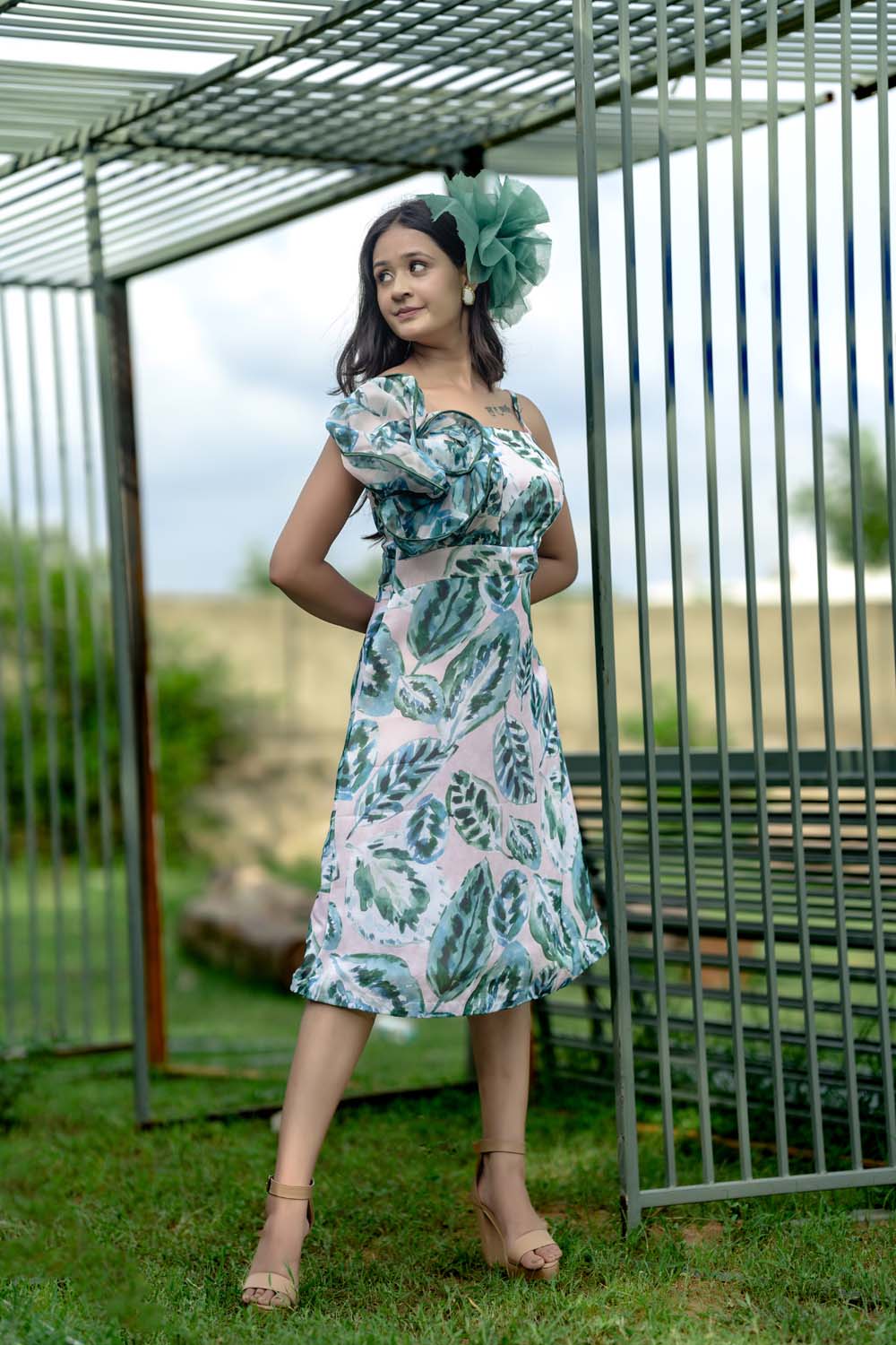 Ashleaf - White with Green Leaf Print Dress for Women
