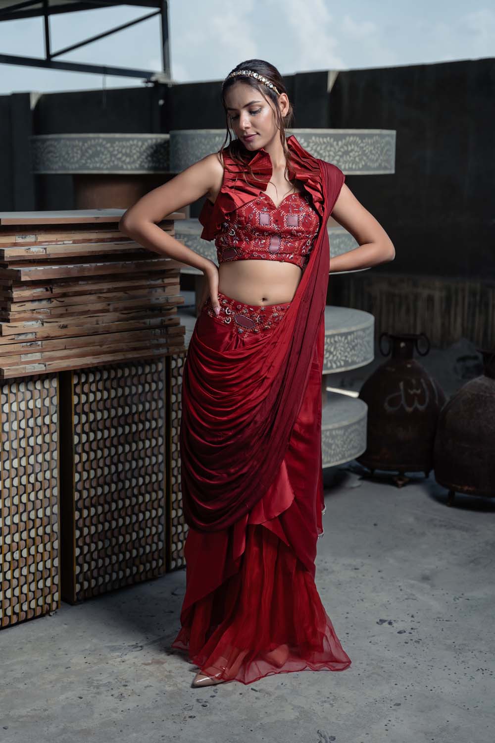 Niyaika - Red Saree with Bralette Blouse