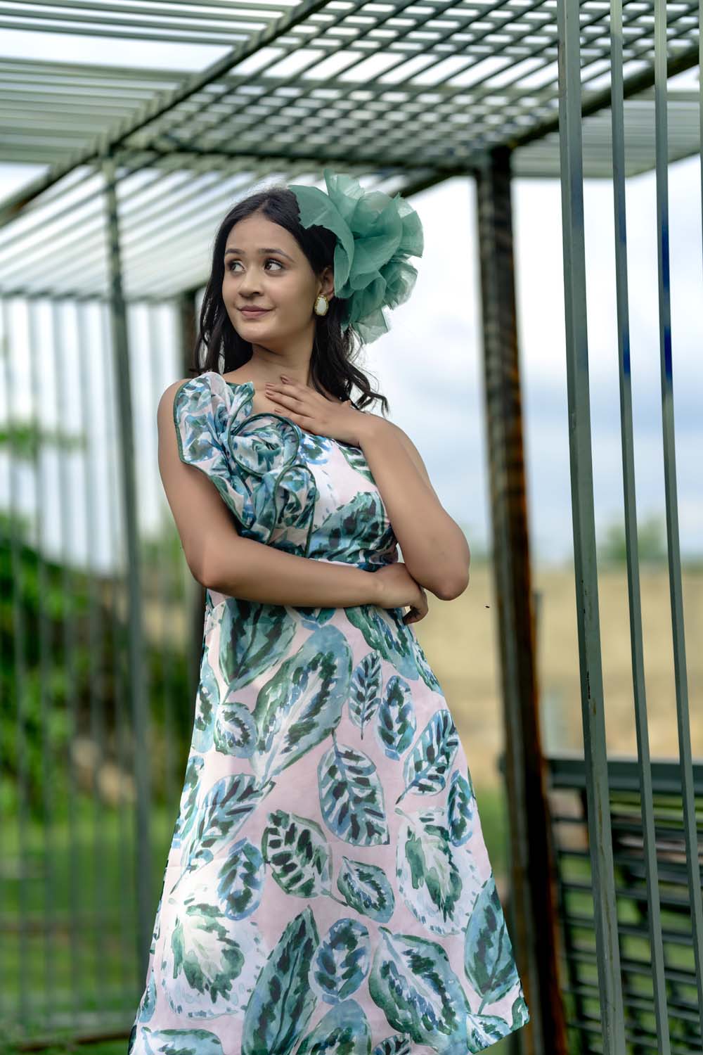 Ashleaf - White with Green Leaf Print Dress for Women