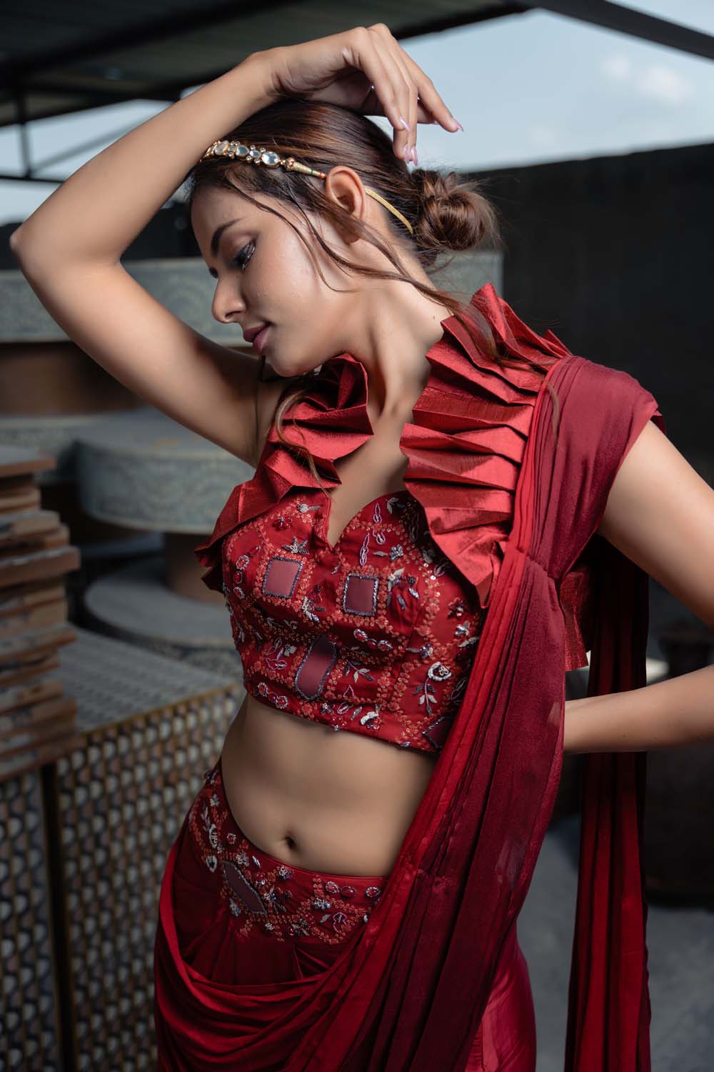 Niyaika - Red Saree with Bralette Blouse – Anuthi Fashion