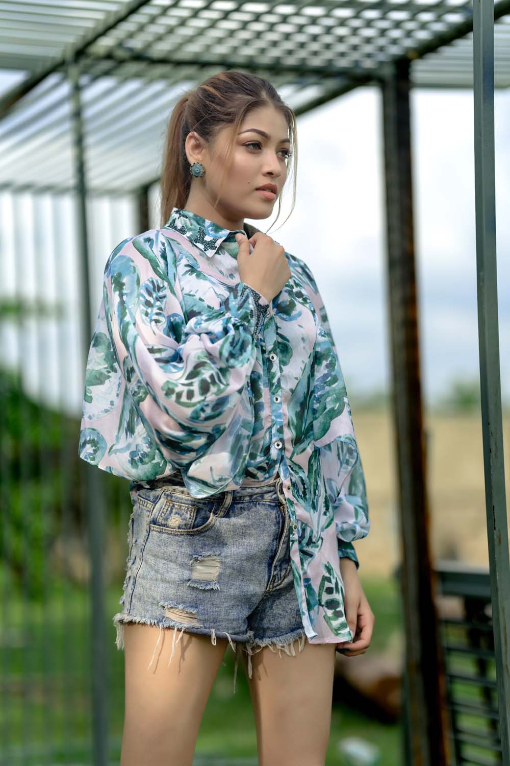 Hazal - White with Green Leaf Print Shirt for Women