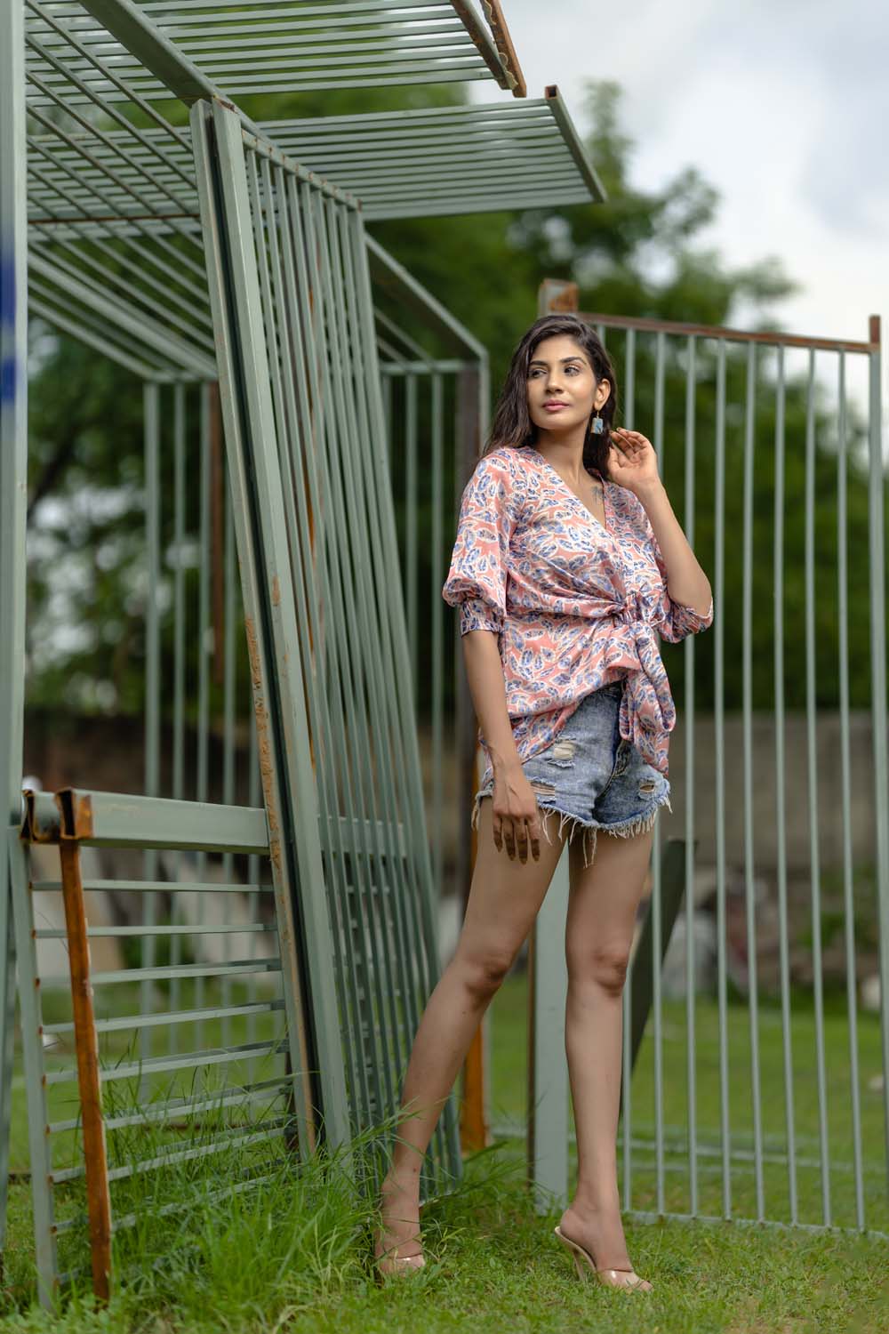 Polar - Peach Abstract Print Tie-Front Top