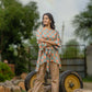 Hedera - Green With Pastel Orange Top with Belt Tie Pant Set