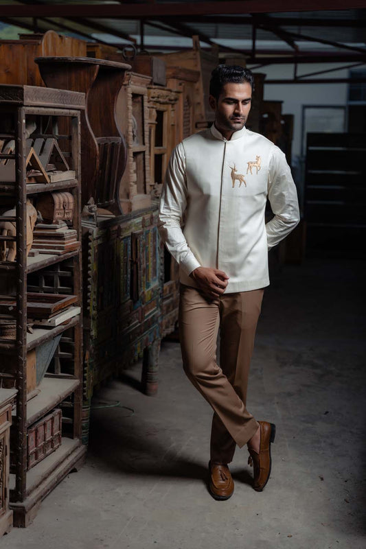 Afroz - off White Stylish Nehru Jacket Shirt with Pant