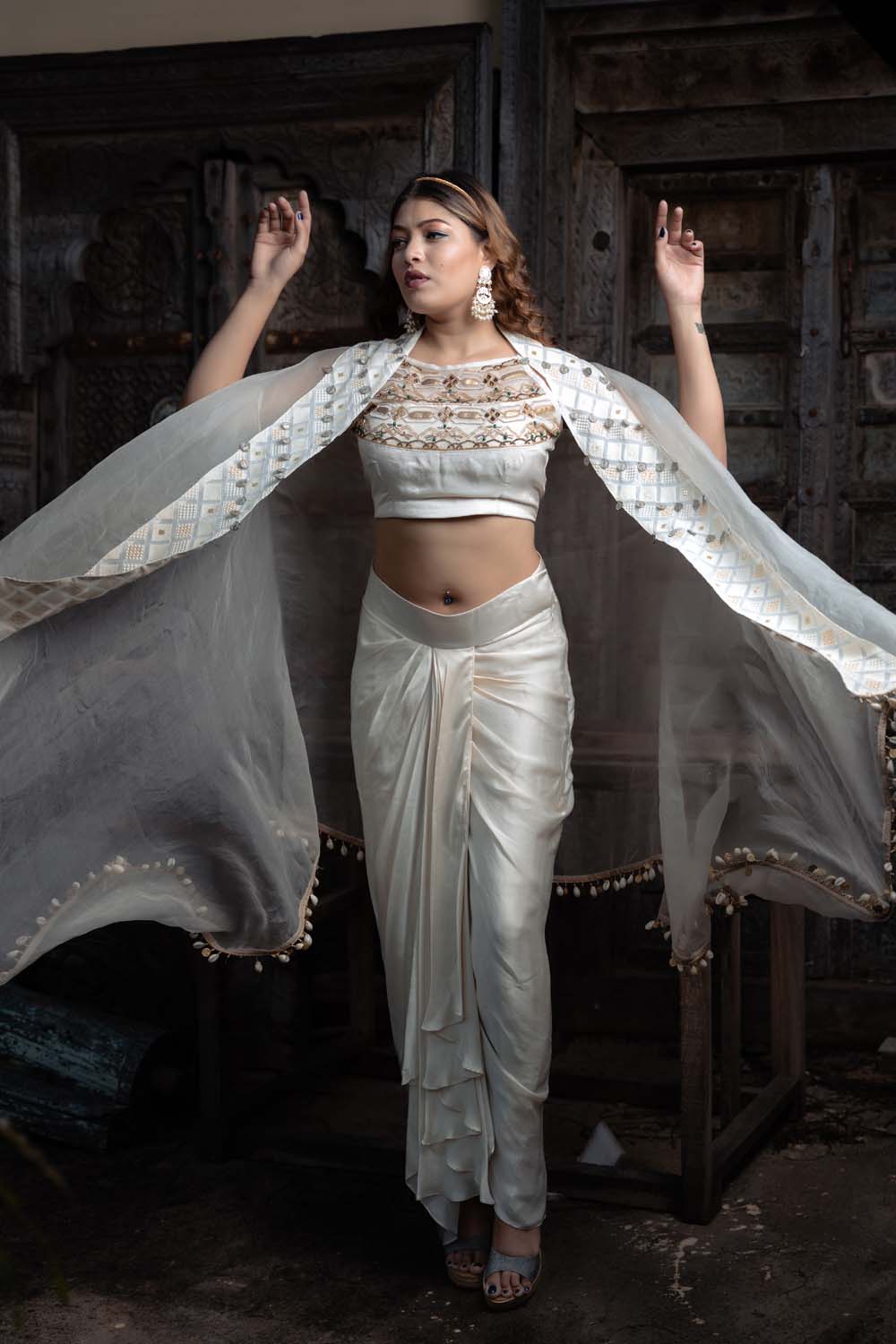 Safina - Off White Bralette with Cape and Skirt Set