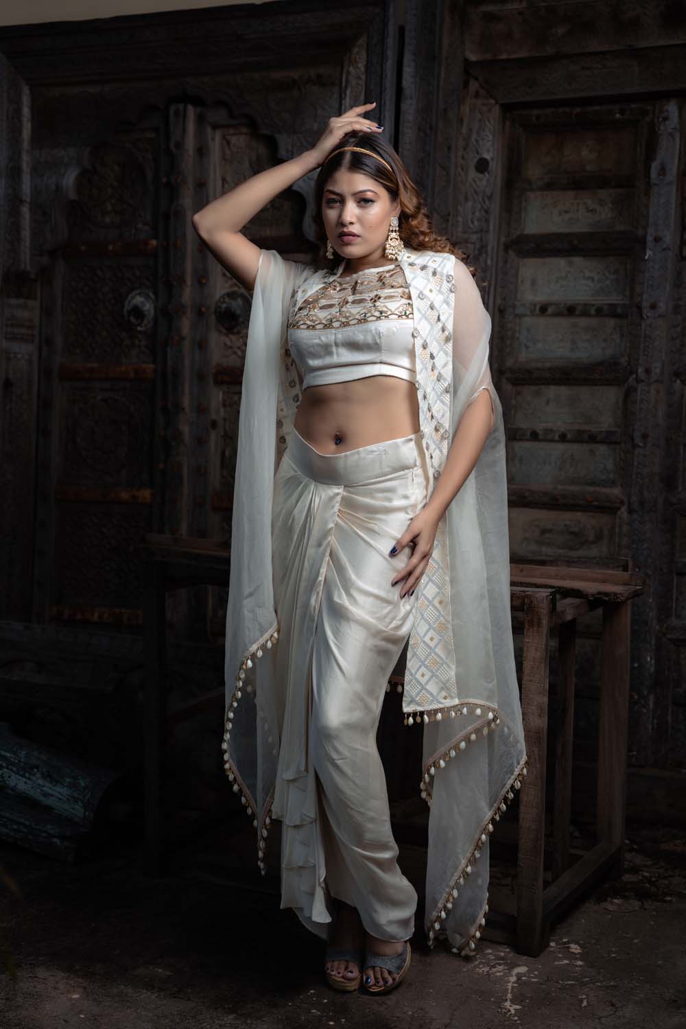 Safina - Off White Bralette with Cape and Skirt Set