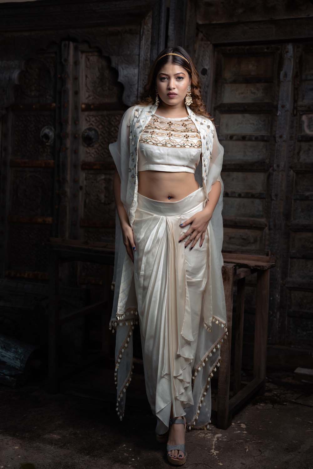 Safina - Off White Bralette with Cape and Skirt Set