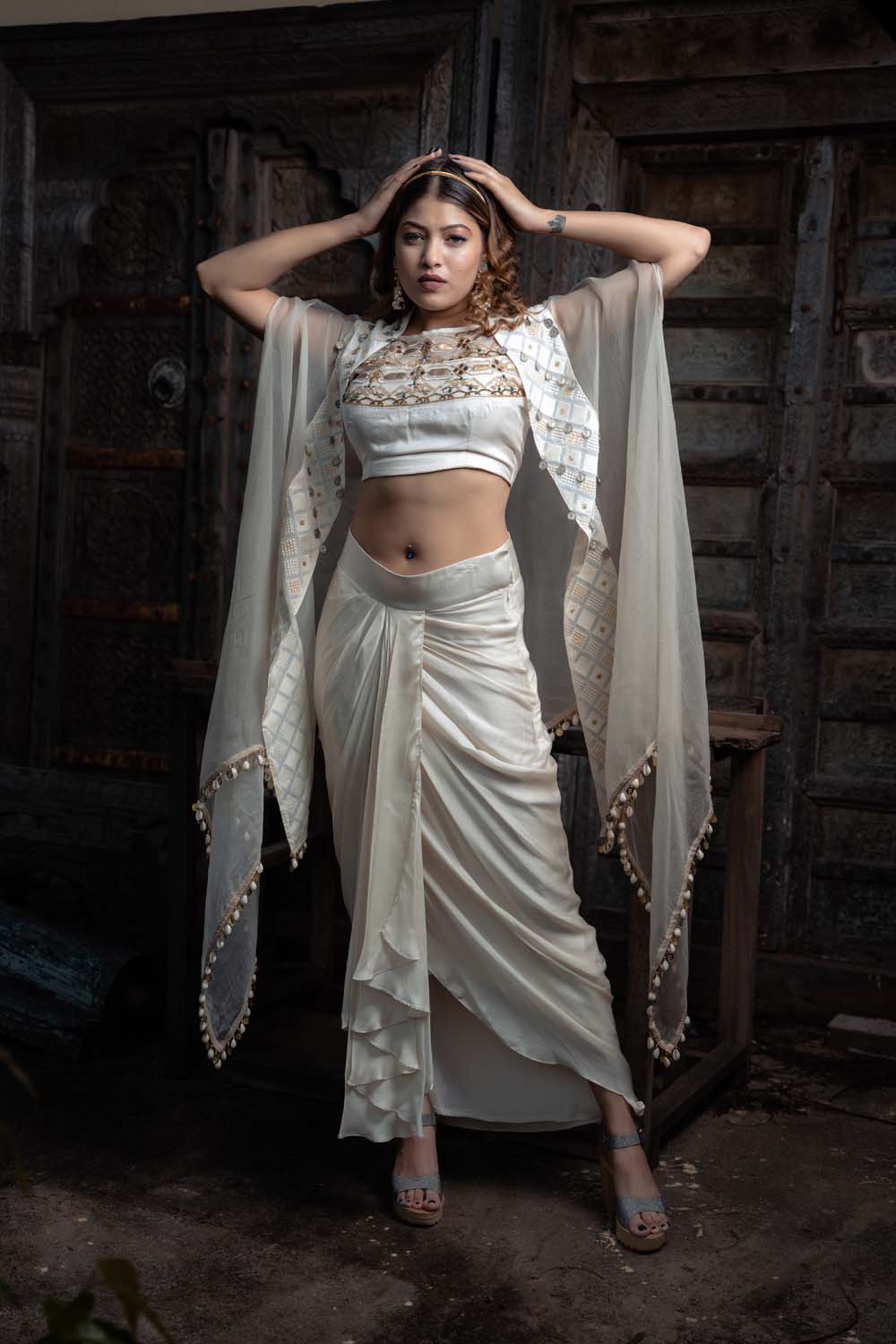 Safina - Off White Bralette with Cape and Skirt Set