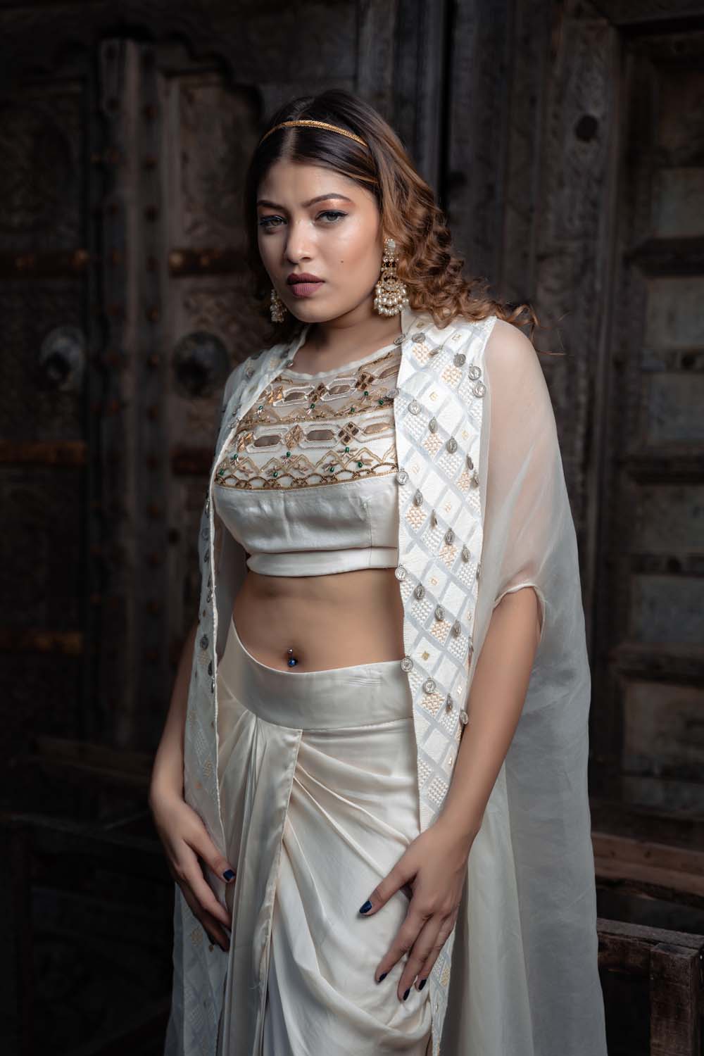 Safina - Off White Bralette with Cape and Skirt Set