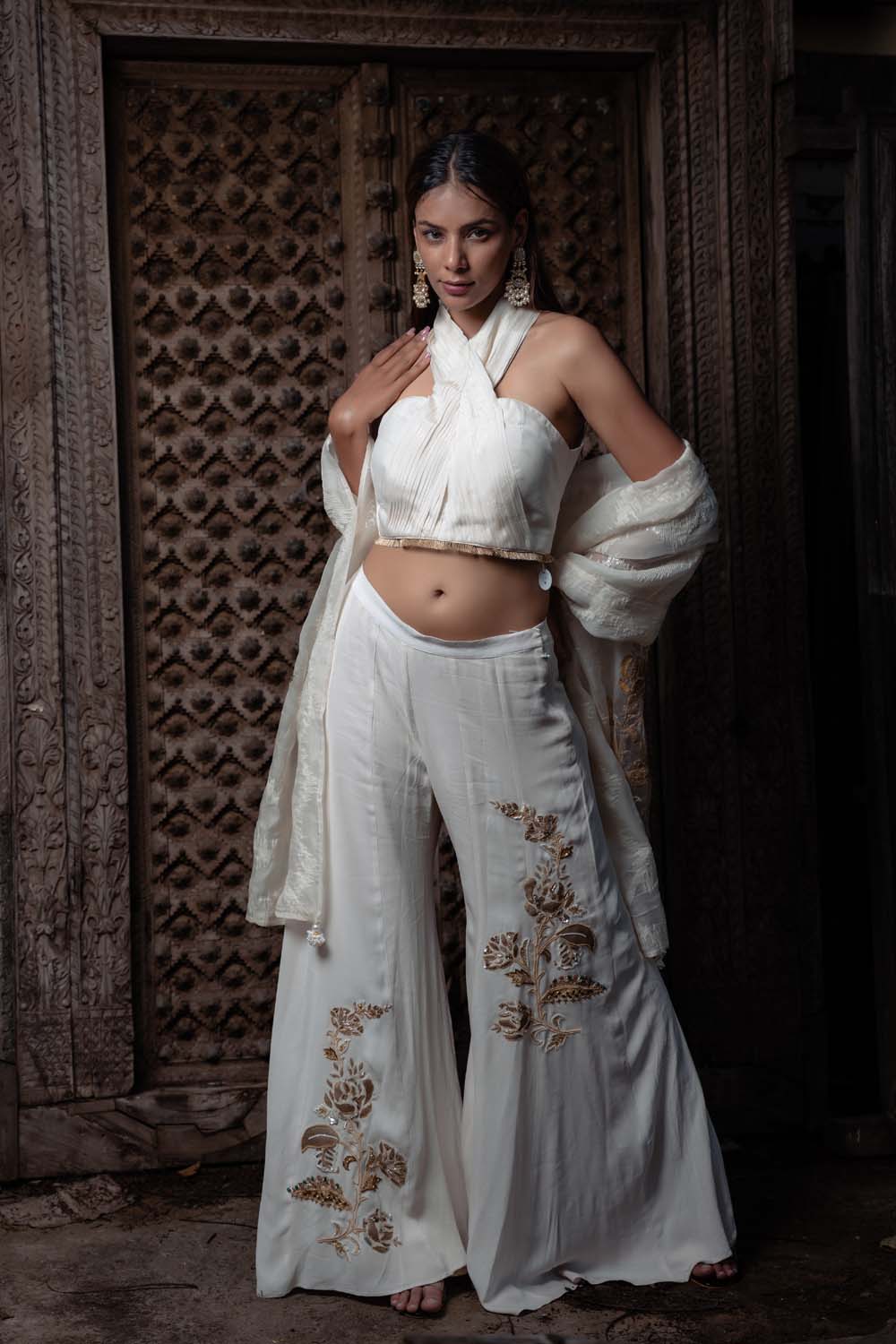 Sahar - Off White Stylish Plazzao With Halter Neck Blouse