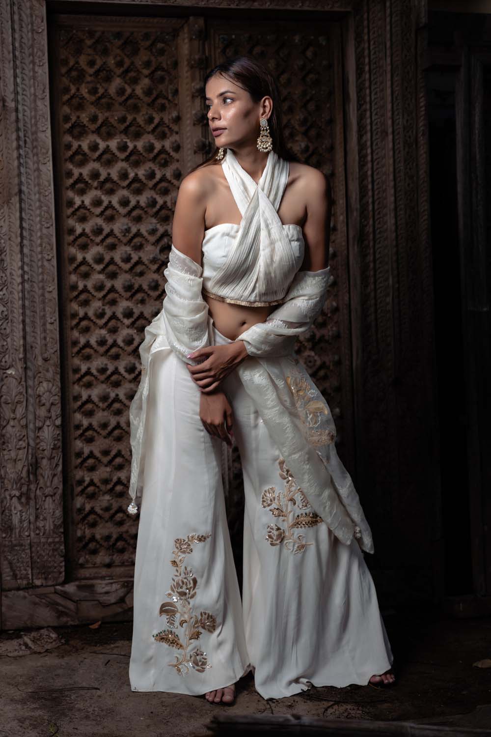 Sahar - Off White Stylish Plazzao With Halter Neck Blouse