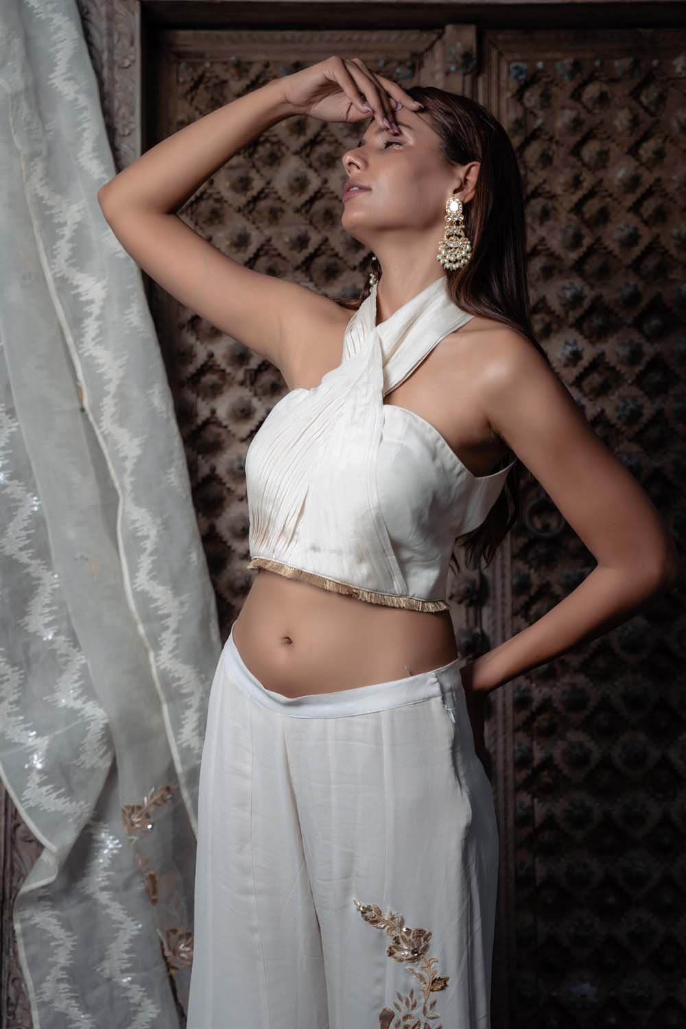 Sahar - Off White Stylish Plazzao With Halter Neck Blouse