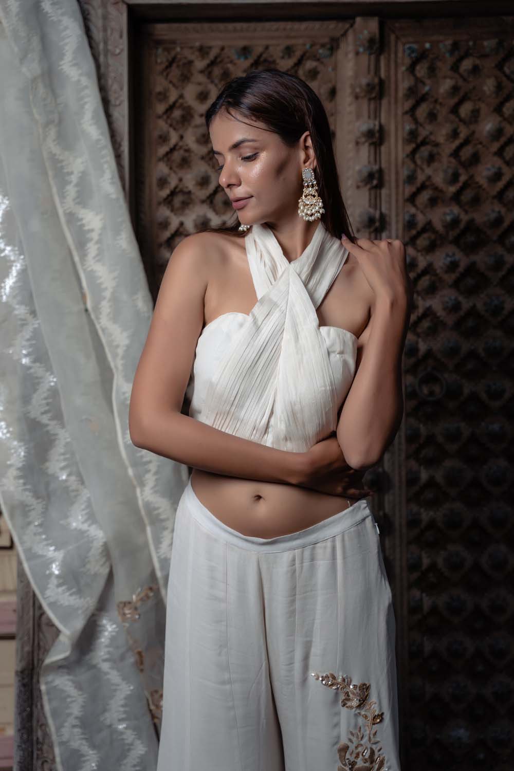 Sahar - Off White Stylish Plazzao With Halter Neck Blouse