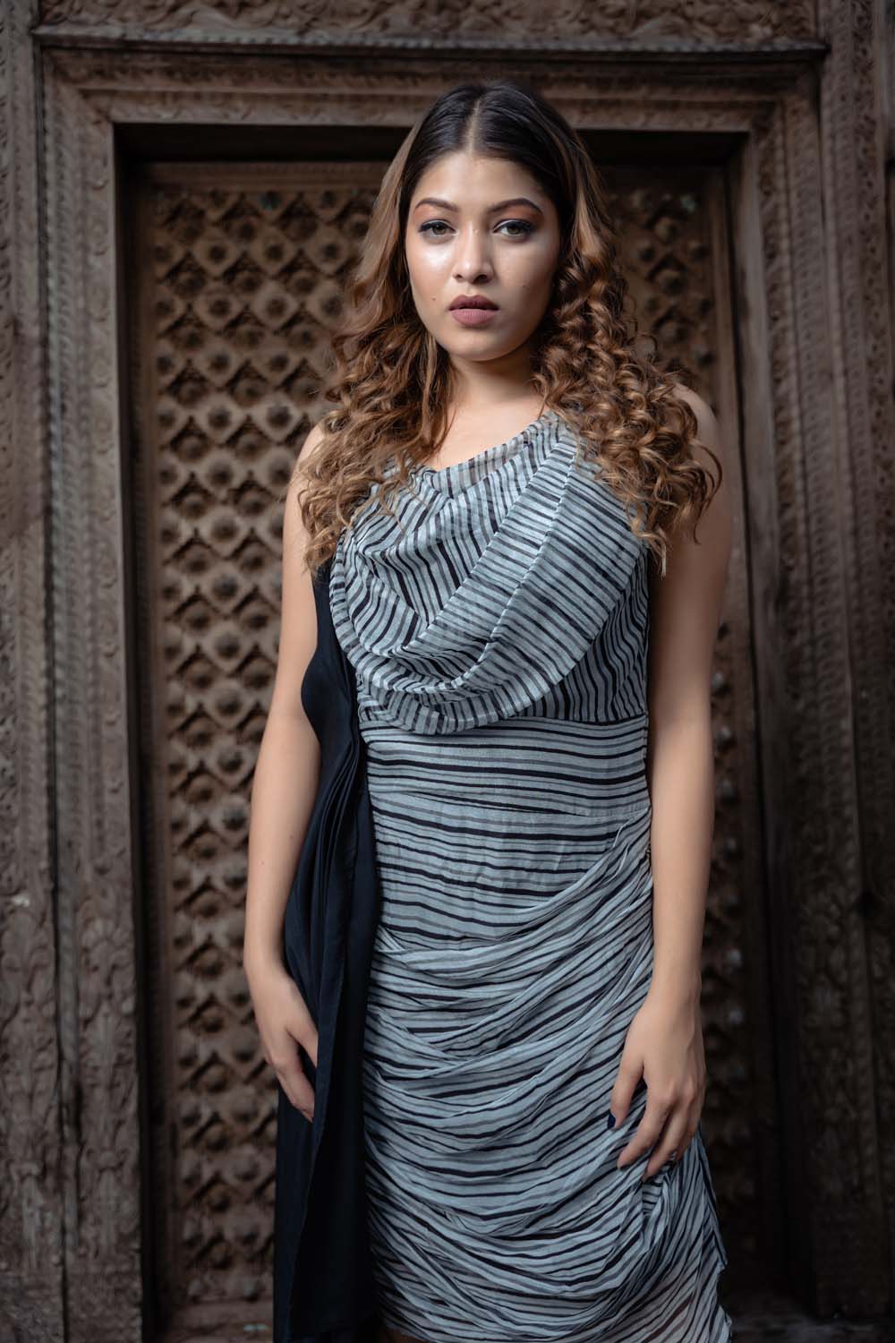 Bisaat - Black Gray Draped Dress with Straps