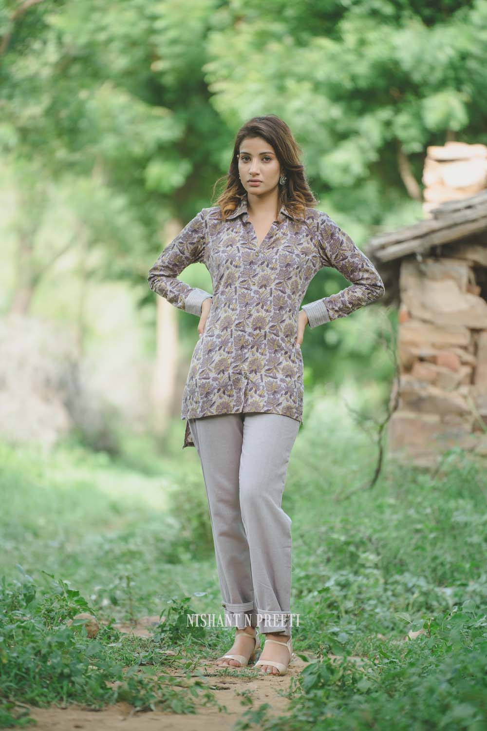 Mauve - Steel Grey Print Shirt with Pants