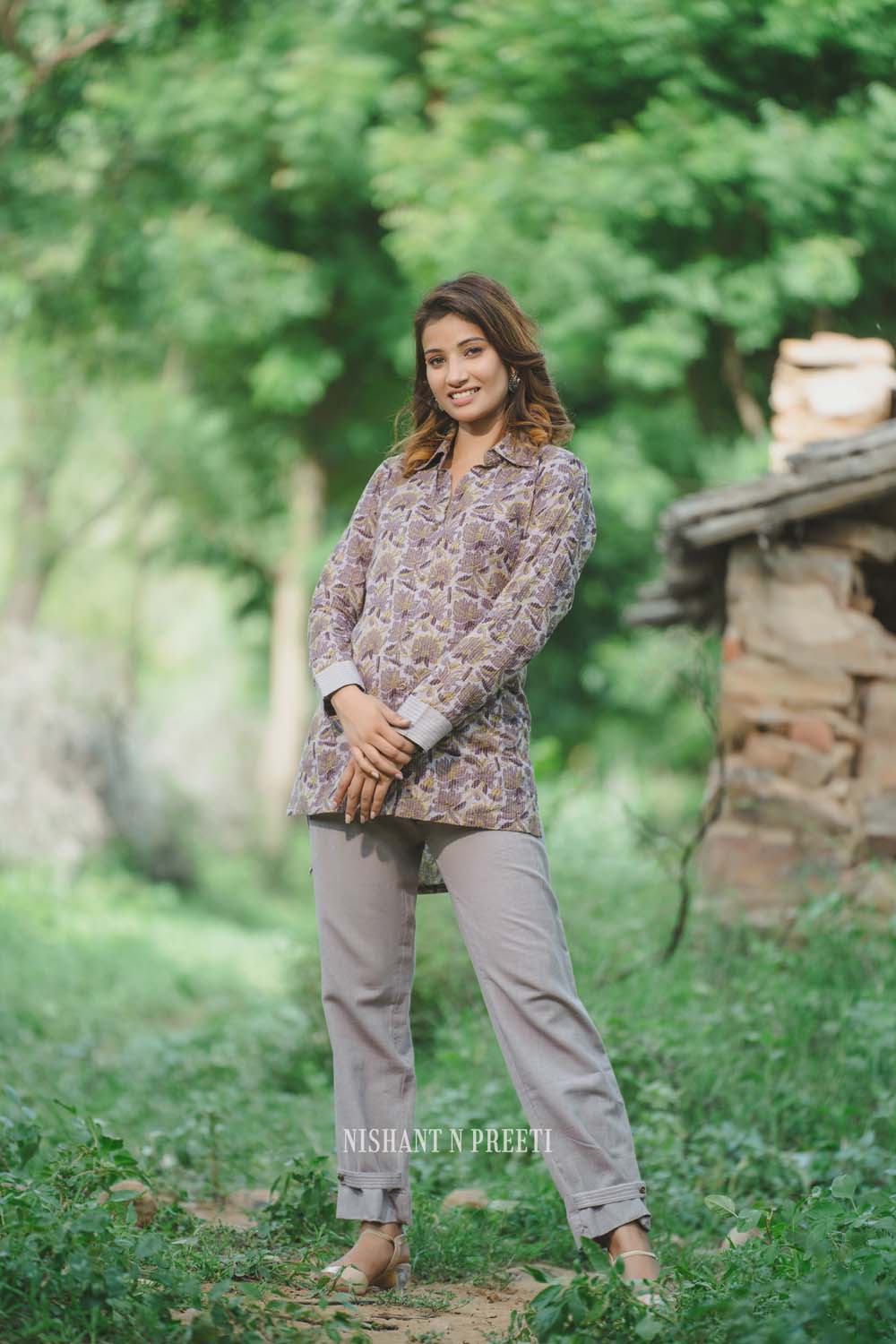 Mauve - Steel Grey Print Shirt with Pants