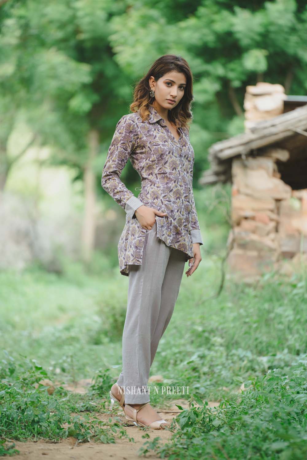 Mauve - Steel Grey Print Shirt with Pants