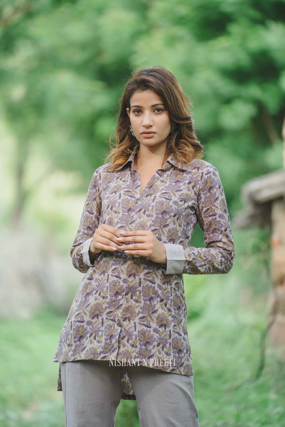 Mauve - Steel Grey Print Shirt with Pants